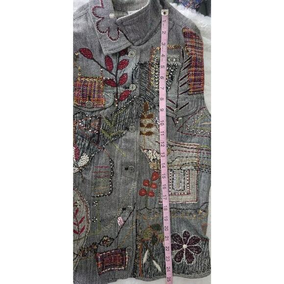 Chico's Embroidered Floral Patchwork Sequins Herringbone Vest Med Artsy Cottage - Picture 5 of 10